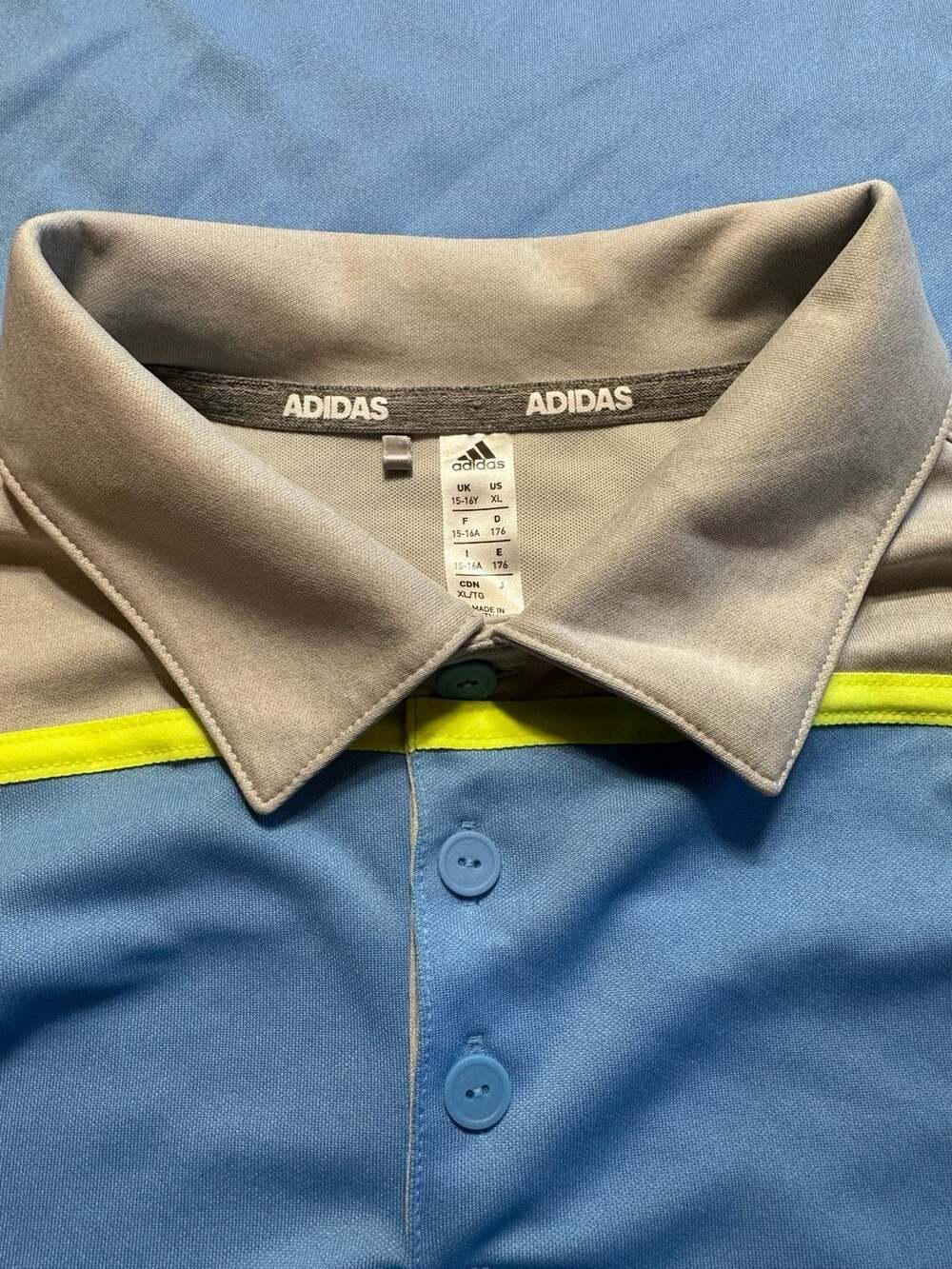 Adidas Boys Polo Shirt Blue Grey Neon Youth XL 15-16Y Golf Tennis Boat Resort
